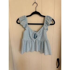 SHEIN Light Blue Eyelet Lace Ruffle Peplum Crop Top Tie Front Size M